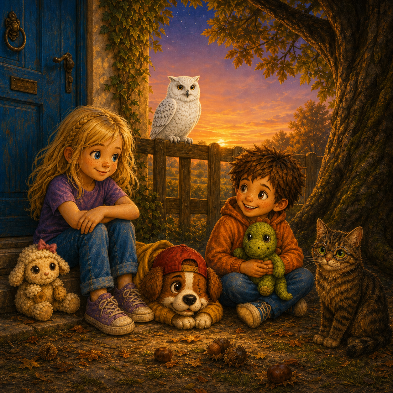 Milou, Michiel, NOX en Bibi samen bij de blauwe deur bij zonsondergang