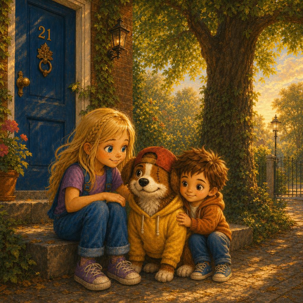 Milou, Michiel en NOX samen op de stoep bij de blauwe voordeur